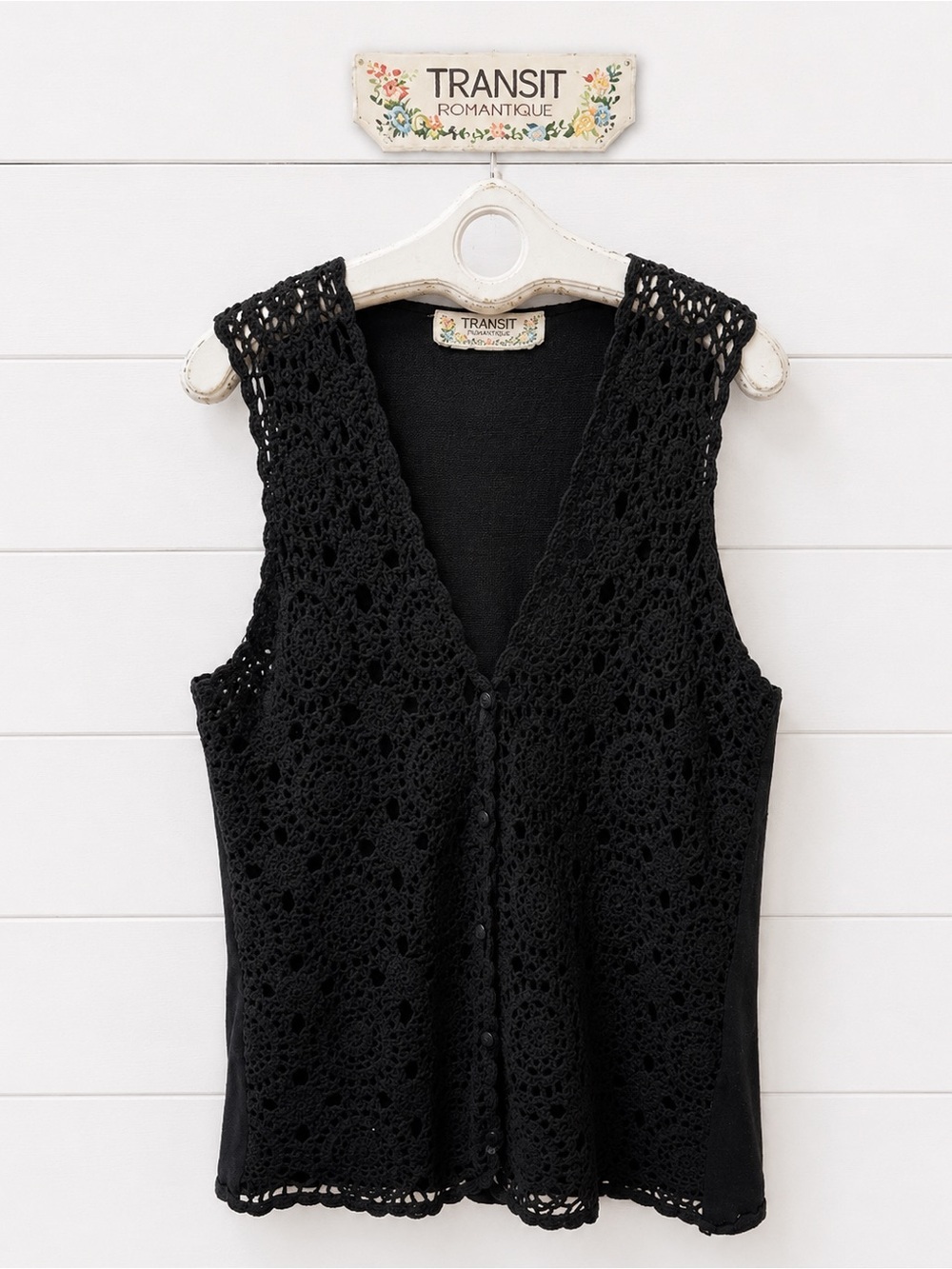 TRANSIT ROMANTIQUE – Black Crochet Knit Vest (Size M)